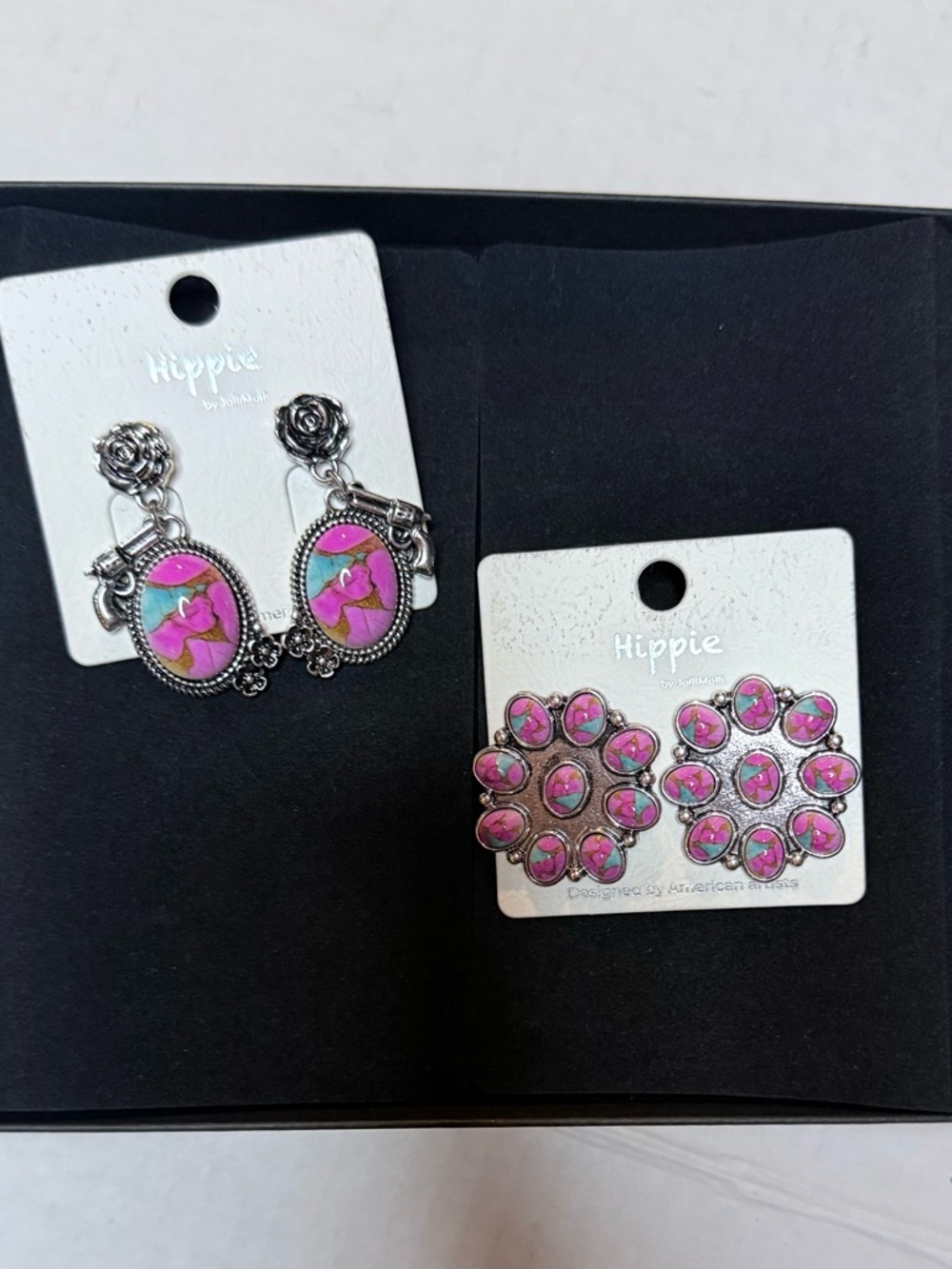 Source Unknown Pink Floral Hippie Earrings Set